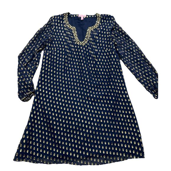 Lilly Pulitzer Women’s 4 Navy Crinkle Clip Silk Jacquard Dress Navy Gold  - Picture 2 of 11